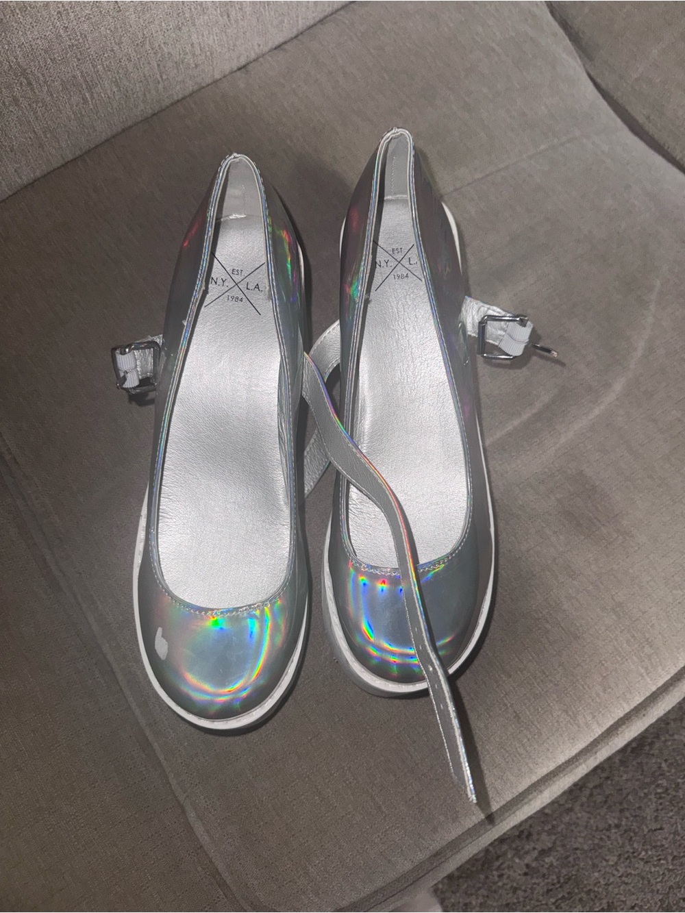 Dolls Kill Holographic Mary Jane Flats in Silver